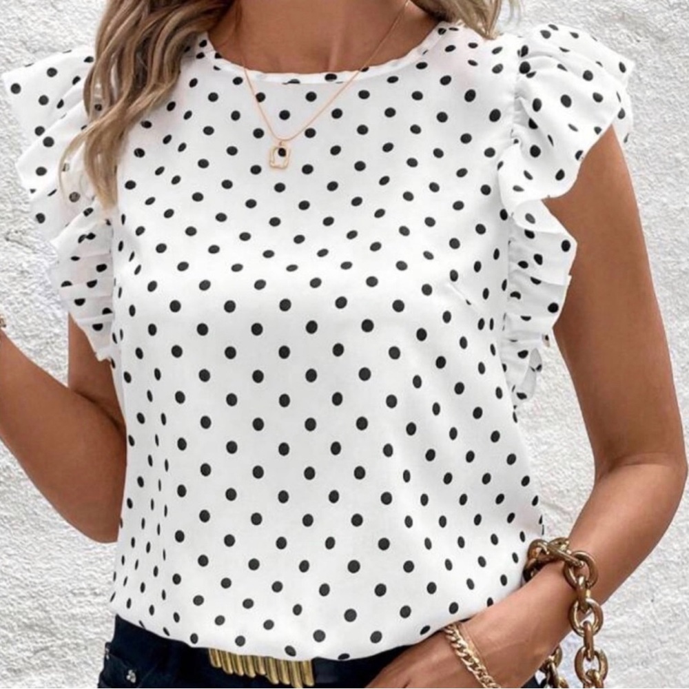 Polka Dot Ruffle Sleeve Top - White